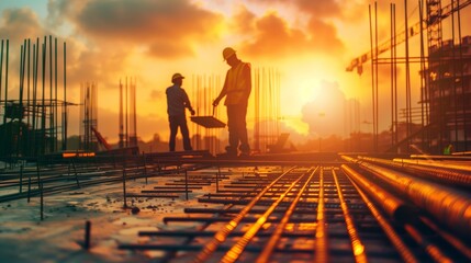 Two construction workers in hard hats discuss near rebar at a sunrise-lit building site.