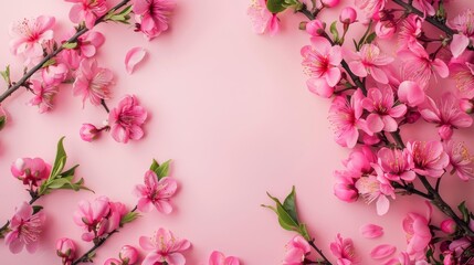 Fototapeta premium Photo of pink peach blossoms on a pink background, in a flat lay style On the right side there is free space for text or design The left part has cherry blossom flowers