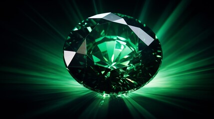 A glowing green emerald in the dark.