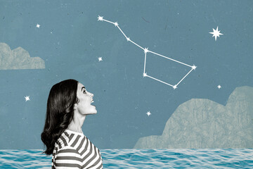 Composite photo collage of happy excited woman watch sky cassiopeia constellation water sea view ocean isolated on painted background © deagreez