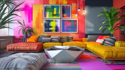 A vibrant TV lounge with abstract art, a modular sofa, and a geometric coffee table