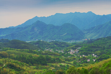 Obraz premium Shooting Beautiful Villages in High Mountain Canyon of Anhui Province, China from the Sky