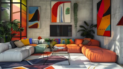 A vibrant TV lounge with abstract art, a modular sofa, and a geometric coffee table