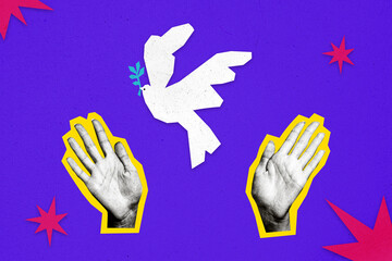 Composite photo collage of dove symbol peace fly carry olive branch hope hands show palm innocence sign isolated on painted background