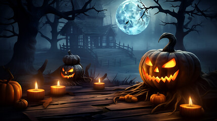 Halloween Pumpkin Head with Burning Candles in a Spooky Forest Full Moon Halloween Background