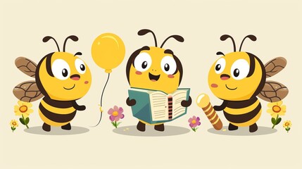 Funny modern illustration of a bumblebee character. The insect is pictured smiling, studying, and flying. The illustration includes book collection, chamomile flowers, and a balloon.