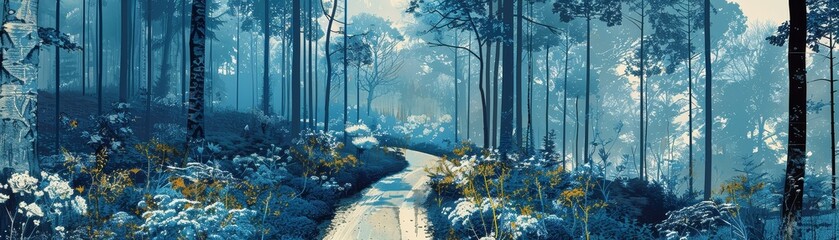 The photo shows a beautiful and enchanting forest with a blue atmosphere