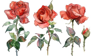 set red rose, beautiful flower on a white background, watercolor illustration, Generative AI