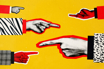 Composite photo collage of people hands fingers point each other blame shame guilt choose gesture index sign isolated on painted background