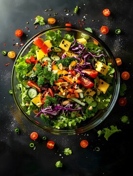 Colorful and Vibrant Salad Bowl with Distorted Fisheye Pack Shot