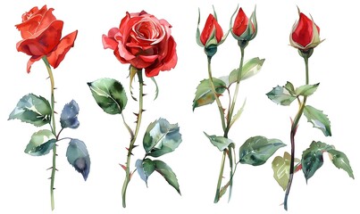 set red rose, beautiful flower on a white background, watercolor illustration, Generative AI