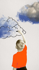 Little boy, child in orange t-shirt drawing clouds, showing his fantasied and imagination. Contemporary art collage. Concept of Happy Children's day, holiday, childhood, celebration