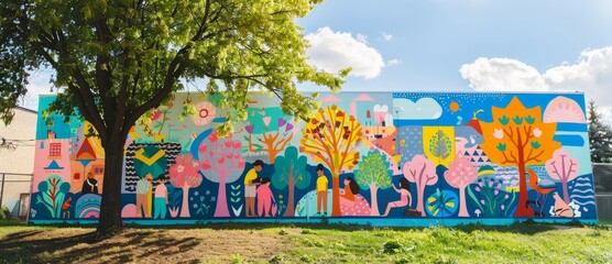 A mural of a park with trees and people. The mural is colorful and has a happy, peaceful mood