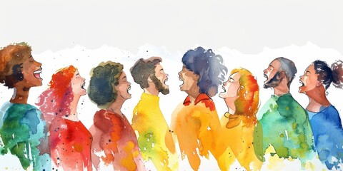 A group of people are smiling and laughing together. The painting is colorful and lively, conveying a sense of happiness and unity