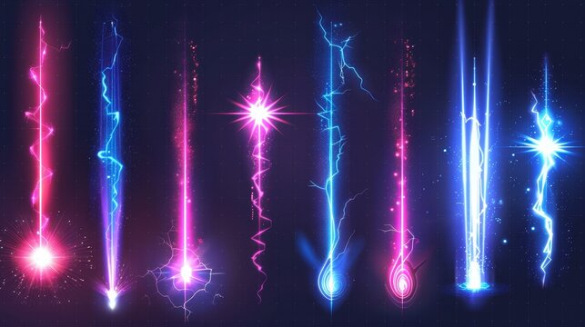 Isolated power light trails isolated on transparent background. Modern illustration showing lightning strike, missile, fantasy laser arrow and shooting star motion effects in neon blues and pinks.