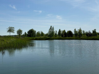 Fototapeta premium Landscape of lake, trees and sky at summer.