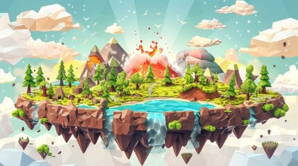 Floating islands with lakes and waterfalls, green forest with fir trees, sand desert surface with pyramids, volcano mountain with lava eruption, flying pieces of ground for leveling and guiding.