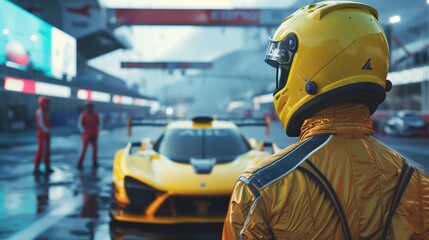 Racing driver in a yellow helmet looking at a yellow sports car on a rainy racetrack with blurred...