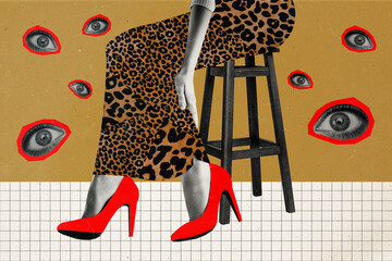 Composite photo collage of nice woman legs leopard skirt shoes red high heels sit chair spy privacy...