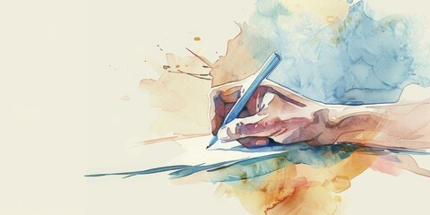 Fototapeta na wymiar A hand is writing on a piece of paper with a blue pen. Concept of creativity and expression, as the hand is using the pen to create a piece of art or a written work