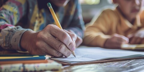 Naklejka premium A person is writing with a pencil on a piece of paper. The person is wearing a yellow shirt