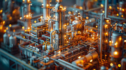 An industrial model, with factories and machinery as the background, during an engineering conference