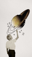 Child, boy drawing planet, Saturn. Imaginations about cosmos, creativity. Contemporary art collage. Concept of Happy Children's day, holiday, childhood, celebration