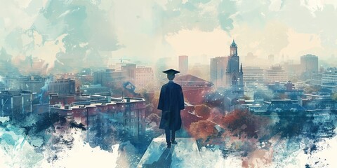 A person in a graduation gown stands on a ledge overlooking a city. Concept of accomplishment and pride, as the graduate looks out over the urban landscape