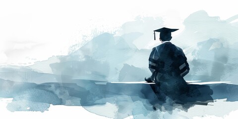 A man in a graduation cap sits on a ledge overlooking a body of water. Concept of accomplishment and reflection, as the man is likely to be a recent graduate