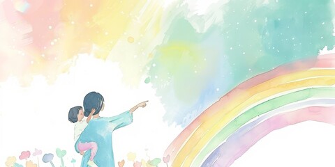 Naklejka premium A man and a child pointing at a rainbow. Scene is one of hope and happiness