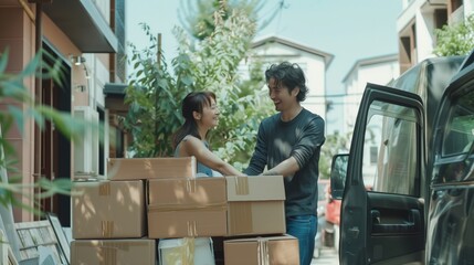 A young couple happily unloading boxes from a van during a sunny day move.