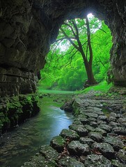 Fototapeta premium A river flows through a dense green forest