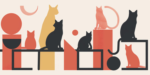 A minimalist vector illustration. Using simple lines and soft contours, create a composition of cat toys 