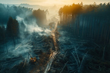 Misty forest with a dirt road and an excavator at dawn