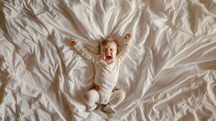 A crying toddler in a beige onesie lying on a rumpled white bed sheet, with arms outstretched.
