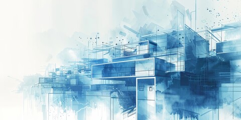 A blue and white cityscape with buildings and a sky