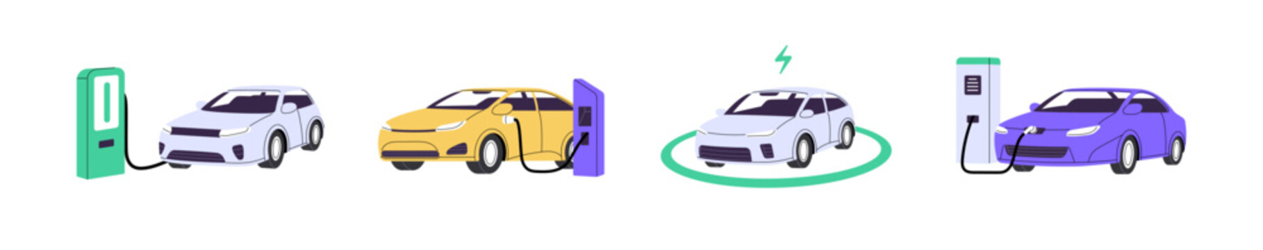 Electric vehicles refuel on charging stations set. Electro cars recharge on auto charger. Eco automobiles with motors on sustainable energy. Flat isolated vector illustrations on white background