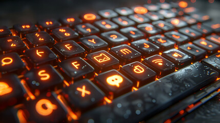 A keyboard with glowing orange symbols of variou,
3d illustration close up of the realistic computer or laptop keyboard with orange neon lights on black background Gaming keyboard with LED backlit