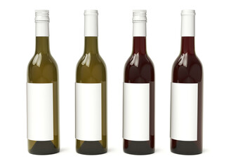 Set of four wine bottles with blank labels. 3d illustration on white background