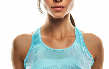 A woman in light blue sleeveless sportswear on a white background. Close-up of her upper body from the front.
