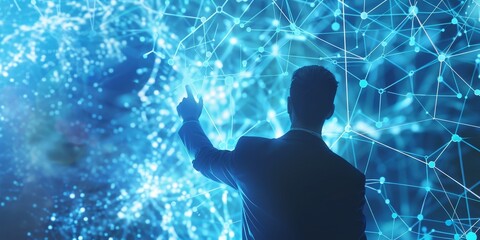 A man is pointing at a blue screen with a lot of lines and dots. Concept of technology and innovation, as the man's finger is hovering over the screen, suggesting that he is interacting with it