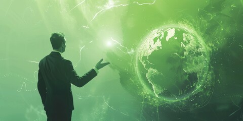 A man is pointing at a green planet in a computer screen. The planet is surrounded by a green glow and the man is wearing a suit. Concept of wonder and curiosity about the planet
