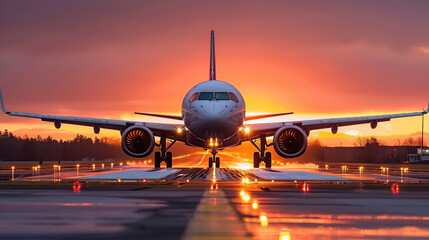 A large jetliner taking off from an airport runway at sunset or dawn with the landing gear down and the landing gear down, as the plane is about to take off
