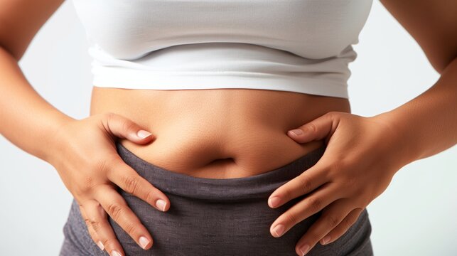 Close-up of a woman's abdomen showing excess belly fat as she pinches her waistline.