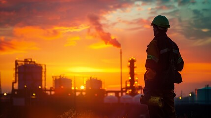 Naklejka premium Silhouette of an industrial worker at sunset with a factory background emitting steam.