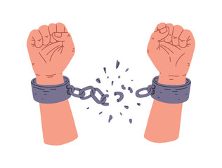Vector illustration of strong hands clenched into fists, tearing the restraining handcuffs the concept of freedom and emancipation