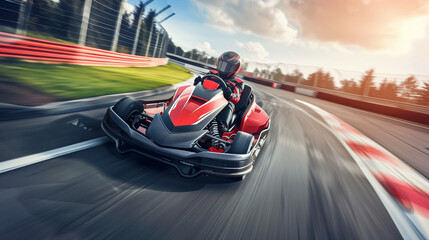 Fototapeta premium Race car driver Go Kart on a track at full speed with helmet and driver suit overtaking and dynamic motion effect