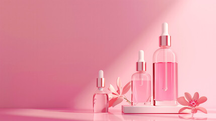 Elegant pink skincare bottles with droppers on a matching backdrop, accompanied by a delicate flower.