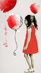 Little girl in a dress, child drawing red air balloons. Imagination, joy and dreams. Contemporary...