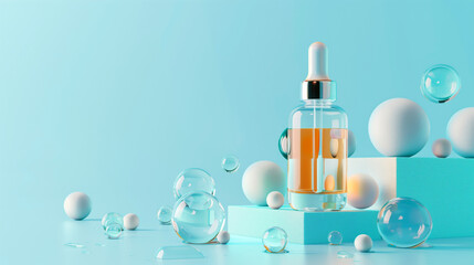 Modern skincare serum bottle with dropper surrounded by geometric shapes and transparent bubbles on a blue background.